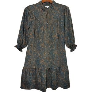 Tyler Boe Ruffle Neck Animal Print Mini Dress Size Medium Puff Sleeve Tiered